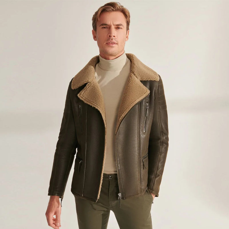 Men Shearling Jacket Aviator Jacket Green Leather Jacket