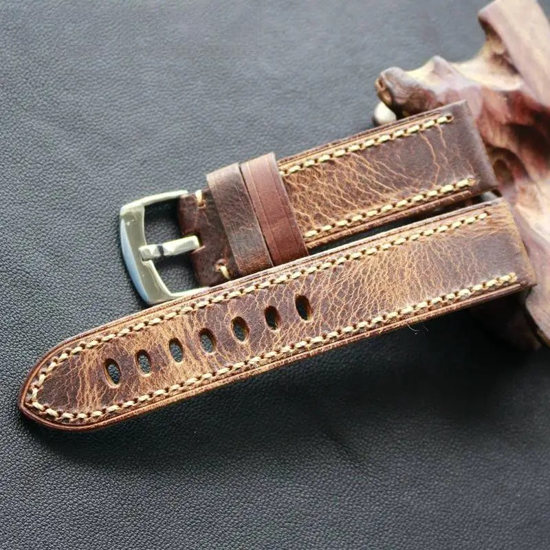 Handmade Oily Retro Leather Watchbands 20MM 22MM Soft And Rough Hand Stitching Leather Strap