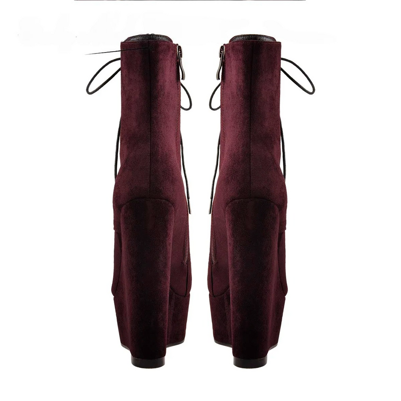 Women Burgundy Round Toe Lace-up Wedge High Heels Ankle Boots Winter