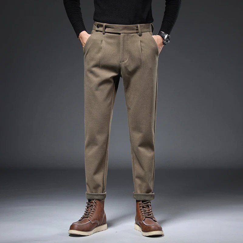 Autumn Winter Worsted Suit Pants Men Thick Woolen Straight Formal Trousers