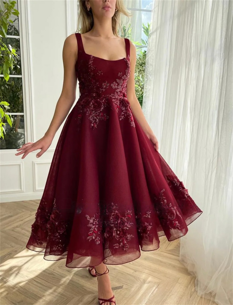 Evening Dress Lace Appliques Square Neck Formal Party Prom Gown