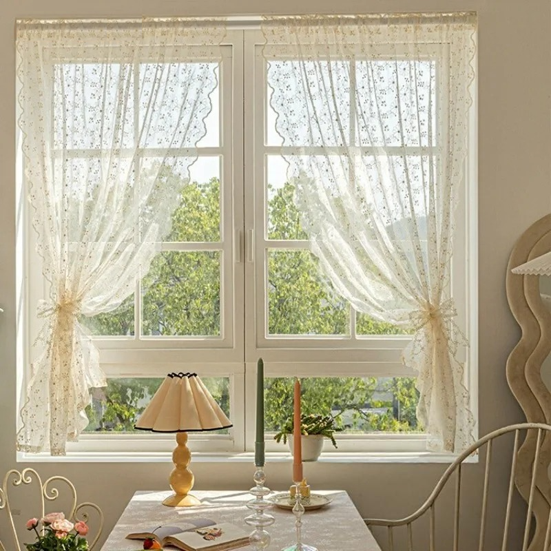 Lace Curtain Short Curtain Cream Embroidery Floating Window Covering  Door Curtain Partition