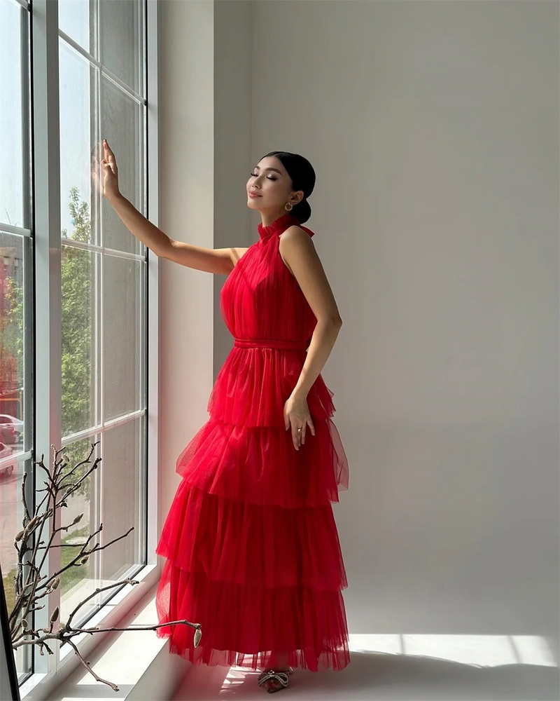 Customized Tulle Tiered Celebrity A-line Halter Bespoke Occasion Gown Midi Dresses