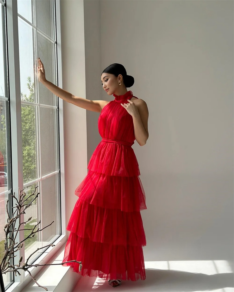 Customized Tulle Tiered Celebrity A-line Halter Bespoke Occasion Gown Midi Dresses