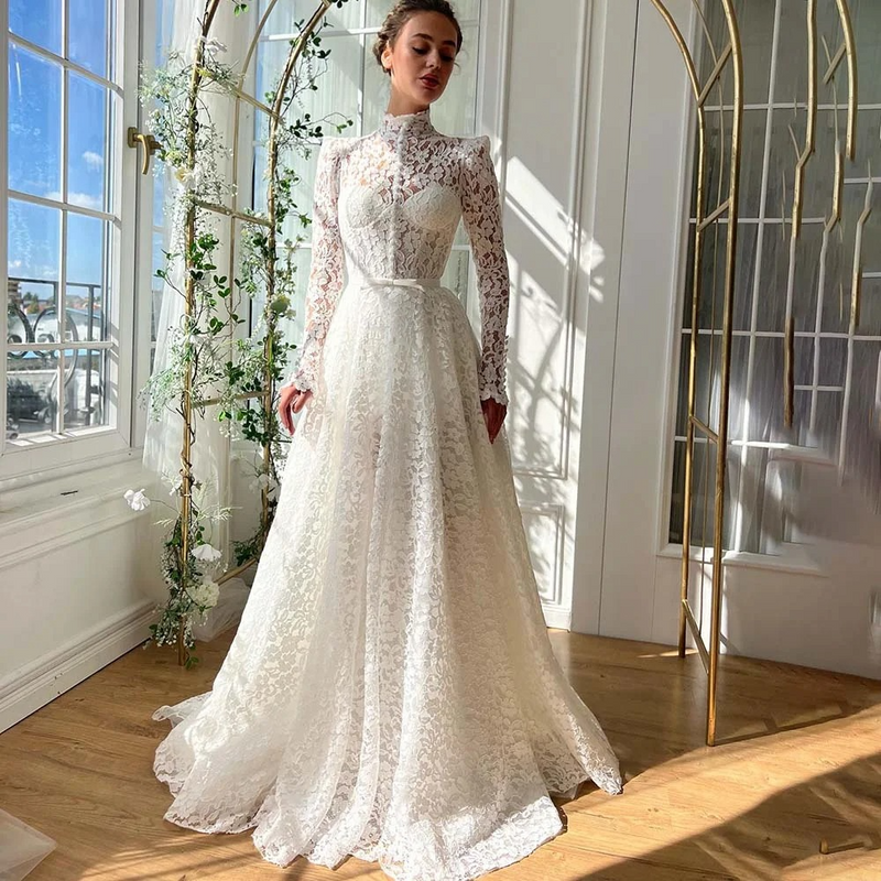 Lace Wedding Dresses Pleats Sweetheart Off Shoulder Bridal Gowns Appliques Long Sleeve Bride Dress