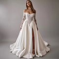 Lace Wedding Dress A-Line Off Shoulder Applique Long Sleeve Bridal Gown Princess Slit Corset Bride Gown