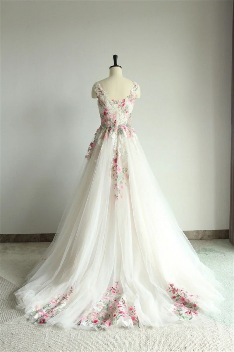 Flowers Lace Appliques Wedding Dress Floor-length Elegant Sleeveless Bridal Gown