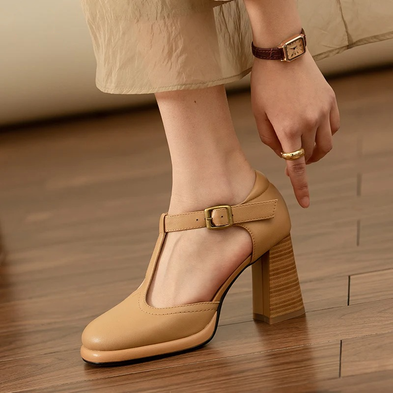 Retro Genuine Leather High Heels T-strap Dress Party Wedding Lady Pumps