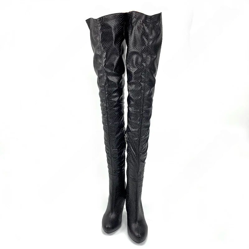 Women Winter Platform Thigh Boots Zipper Heels Round Toe Black Night Club Shoes Women