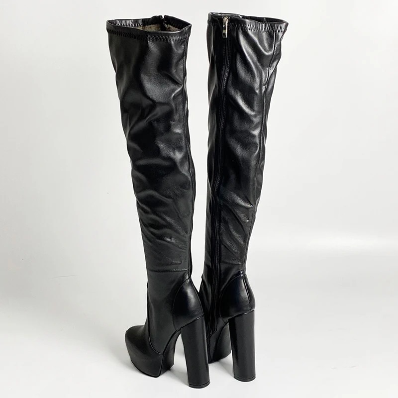 Handmade Women Spring Stretch Thigh Boots Heels Round Toe Nice Black Night Club Shoes