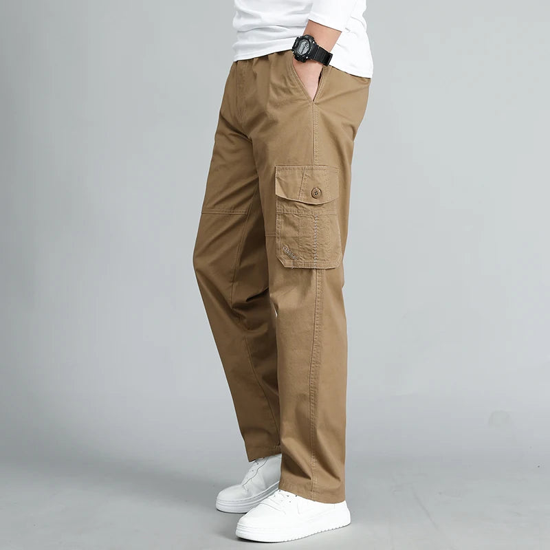 Summer Men Pants Straight Side Pockets Wide Leg Cotton Black Cargo Pants Work Trousers Male