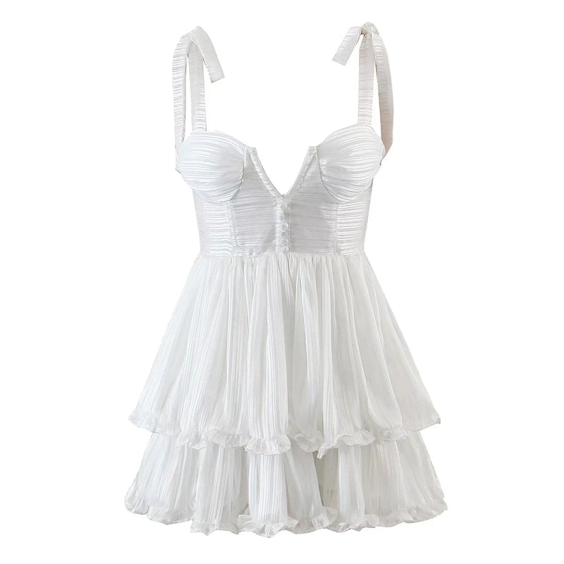 Strappy Party Mini Dress Chiffon Tiered Ruffles Summer Women Dress Bow Tie Ladies Woman Chic Dress