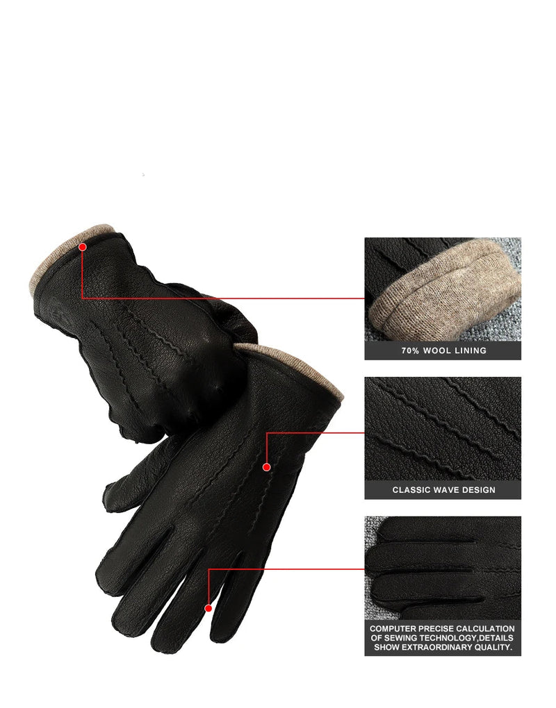 Men winter gloves deerskin warm outdoor wave pattern gloves wool lining