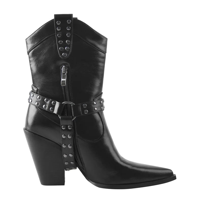 Women Pointed Toe Ankle High Boots Metal Decoration Zipper Belt Buckle Booties