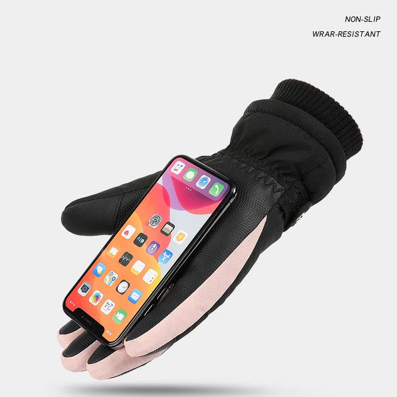 Women Winter Stretch Knit Wrist Silica Gel Non Slip Touch Screen Mitten Plus Velvet Thick Warm Sport Waterproof Skiing Glove