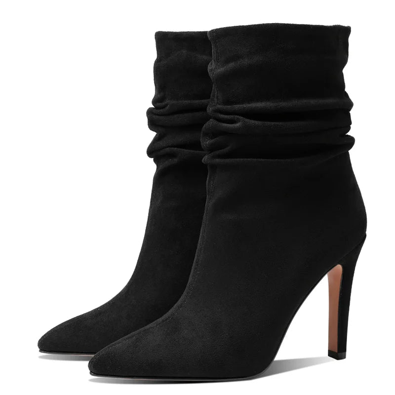 Women Boots Pleated High Heels Ankle Boots Autumn Winter Short Boots Female