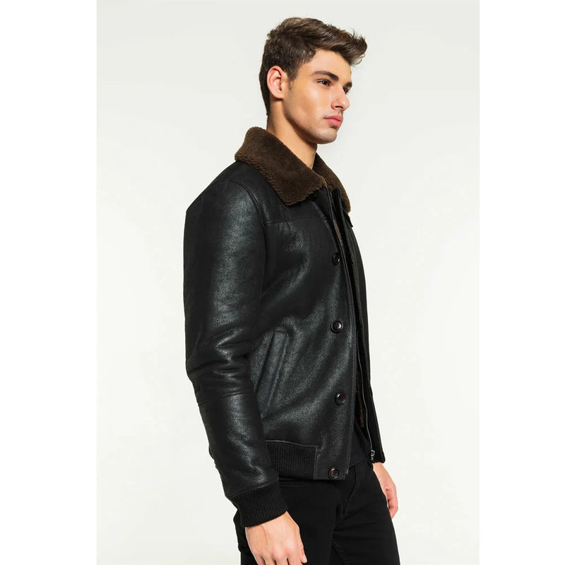 Men Black Shearling Jacket Coat Short Thick Warm Men Fur Jacket