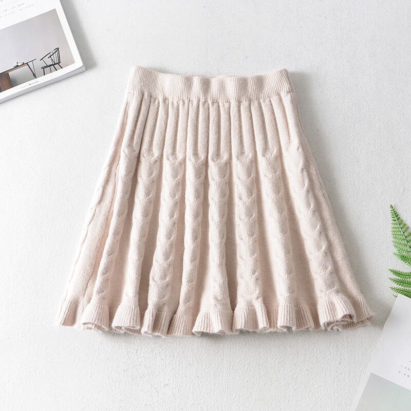 Women Mini Skirt Autumn Elastic Waist A-line Skirt Fashion Twist Ruffle Ladies Skirt