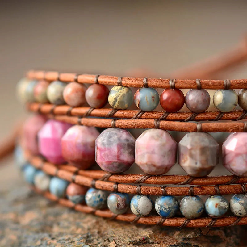 Leather Wrap Bracelets W/ Natural Stone Pink Rhodonite Statement Bracelet Women Teengirls Boho Jewelry