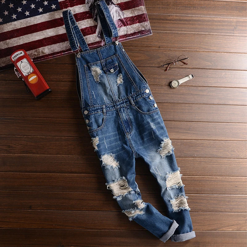 Men Denim Jumpsuit Ripped Tattered Jeans Bib Ankle Length Hip Hop Pants Trousers