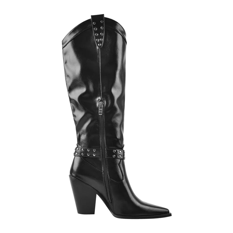 Women Pointed Toe Knee High Boots Metal Decoration Zipper Belt Buckle