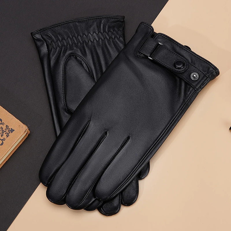 Men's Gloves Short Style Black Genuine Leather Gloves Winter Autumn Windproof and Warm