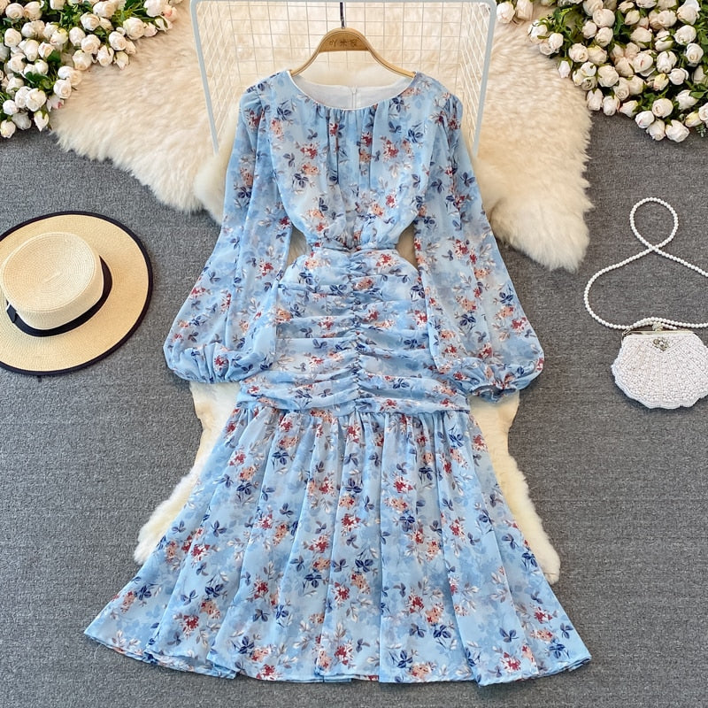 French Elegant Chiffon Dress Women Spring Autumn Puff Sleeve Sweet Floral Print Beach Dresses Ladies Bodycon Boho Dress