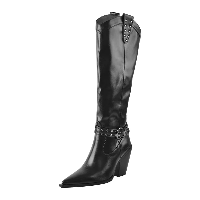 Women Pointed Toe Knee High Boots Metal Decoration Zipper Belt Buckle