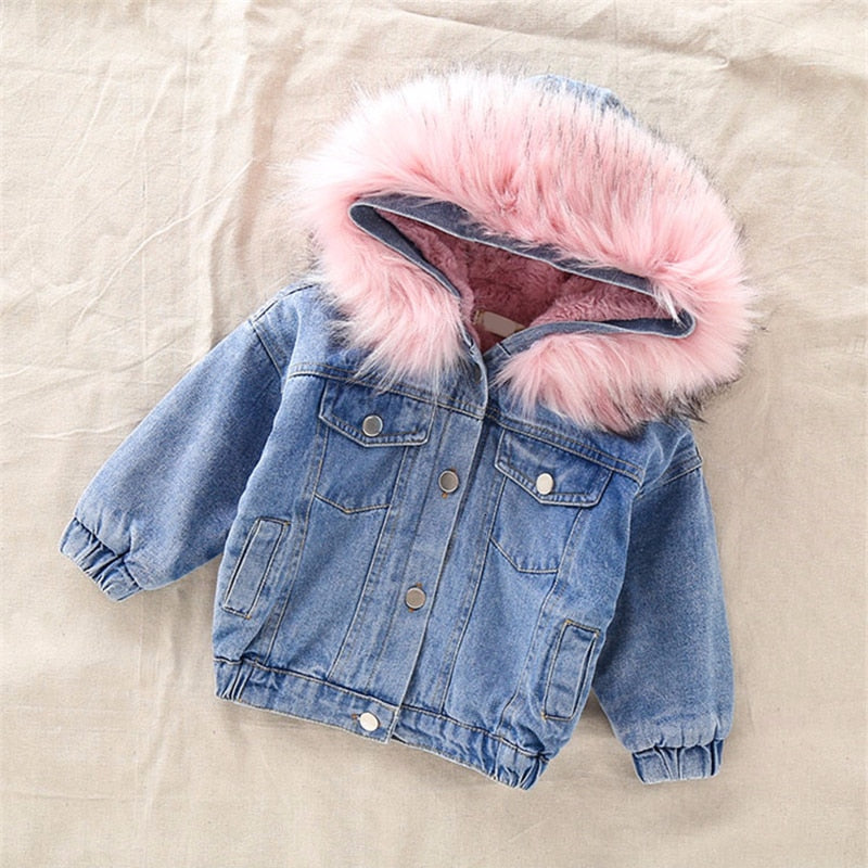 Large Fur Collar Girls Denim Jacket For Baby Children Clothes Coat Boys Winter Jackets Kids Lamb Cashmere Hooded Outwear