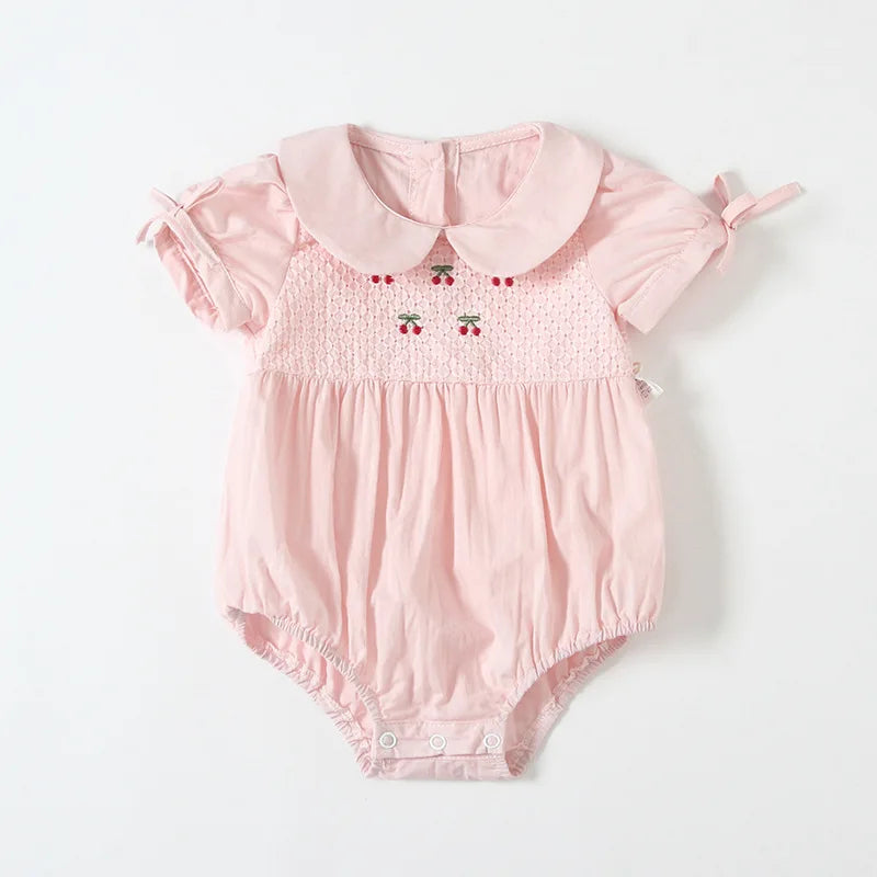 newborn baby bodysuits peter pan collar cherry embroidery baby girls clothes one piece baby outfit 2 Color