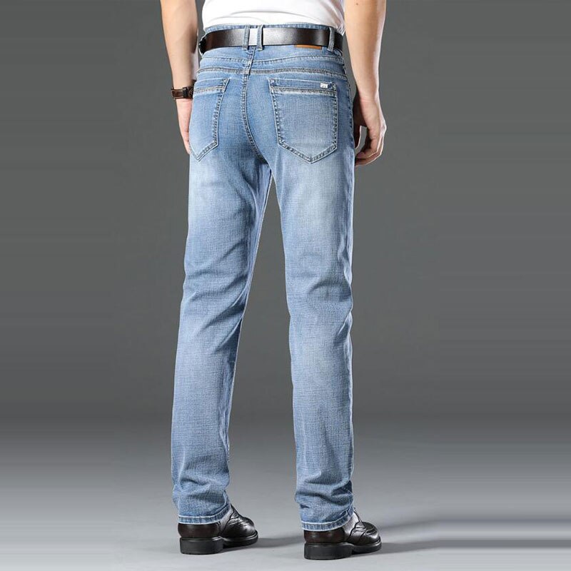 Men Thin High waist Jeans cotton Stretch Straight Denim pants Classic Straight pants