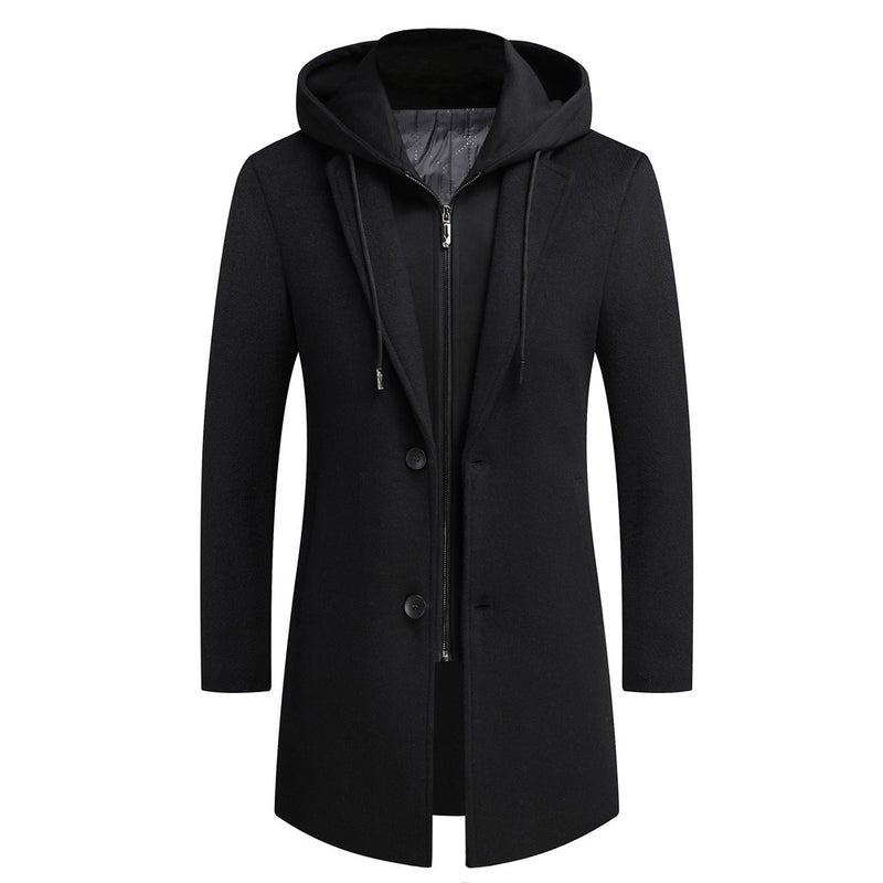 Winter Removable Hood Men Wool Coat Fake Two Casual Thick and Warm Long Jacket Men Overcoat