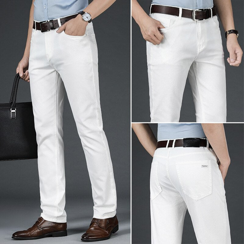 Casual Smart Pants Men Denim Trousers Clothing Thin Summer Style Straight Regular Fit White Pants For Men