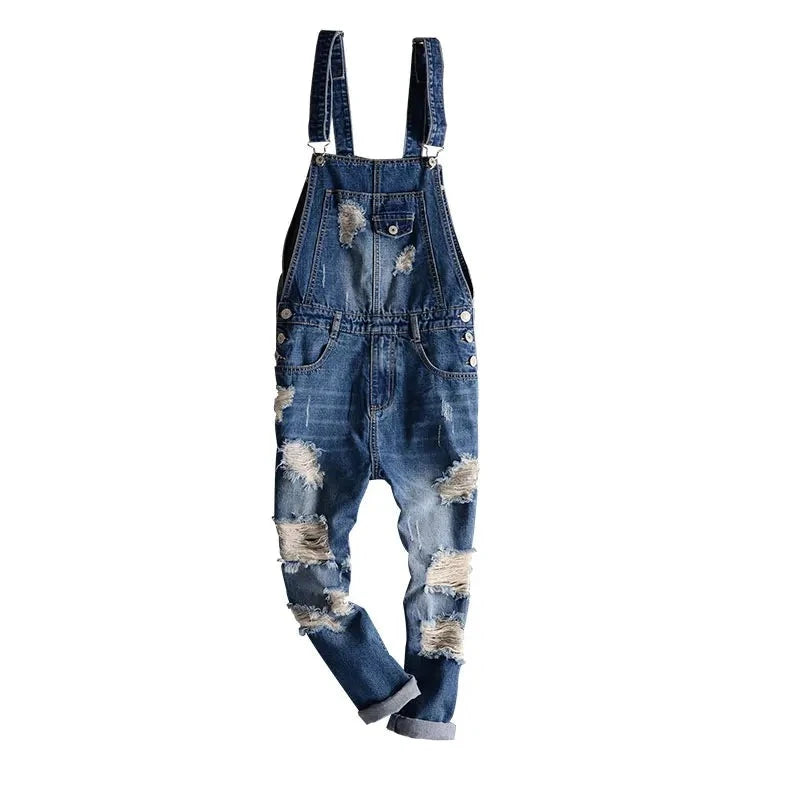 Men Denim Jumpsuit Ripped Tattered Jeans Bib Ankle Length Hip Hop Pants Trousers