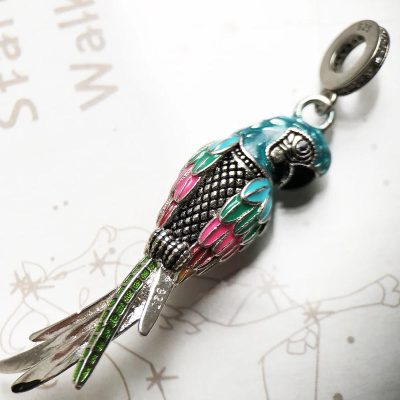 Striking Parrot Pendant 925 Sterling Silver Dangle Charm Women Fine Jewelry