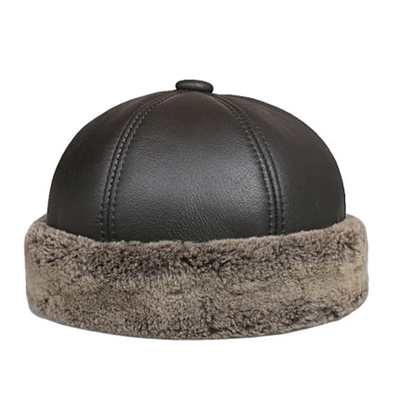 Winter Genuine Leather Melon Caps Men Thicked Warm Round Boonie Hat Bonnet