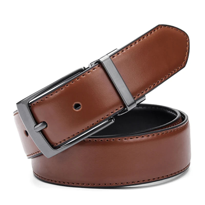 Men Leather Reversible Belt Brown-Black Classic Rotated Buckle Leather Belts