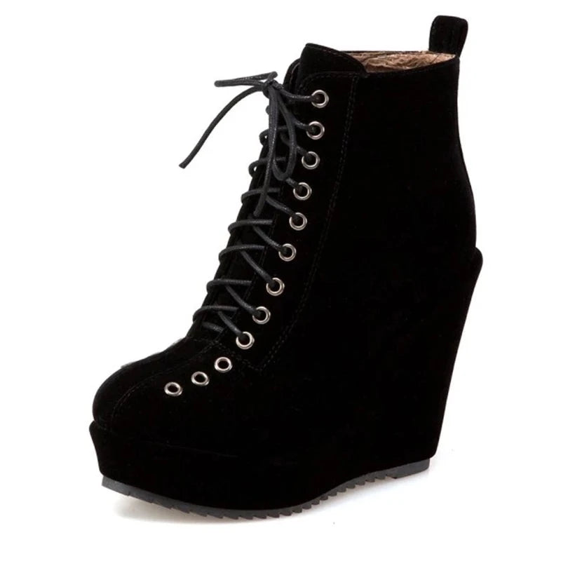 Women Ankle Boots Short Winter Shoes Wedge Heels Black Punk Female Footwear