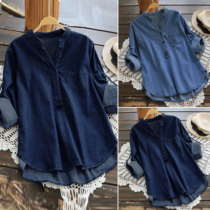 Women's Denim Blue Shirts Autumn Blouse Casual Button V Neck Long Sleeve Tops Jean Tunic