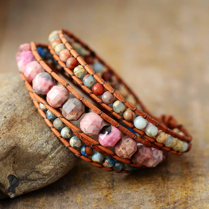 Leather Wrap Bracelets W/ Natural Stone Pink Rhodonite Statement Bracelet Women Teengirls Boho Jewelry