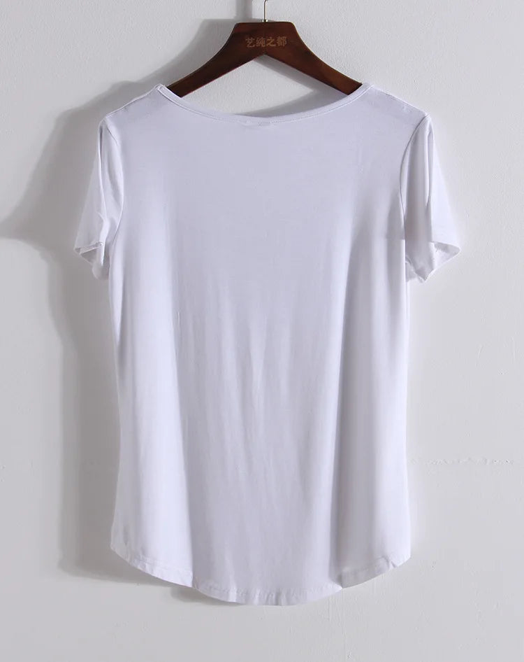 Summer Short Sleeve Loose Women V-neck Pure Color Soft T-shirt