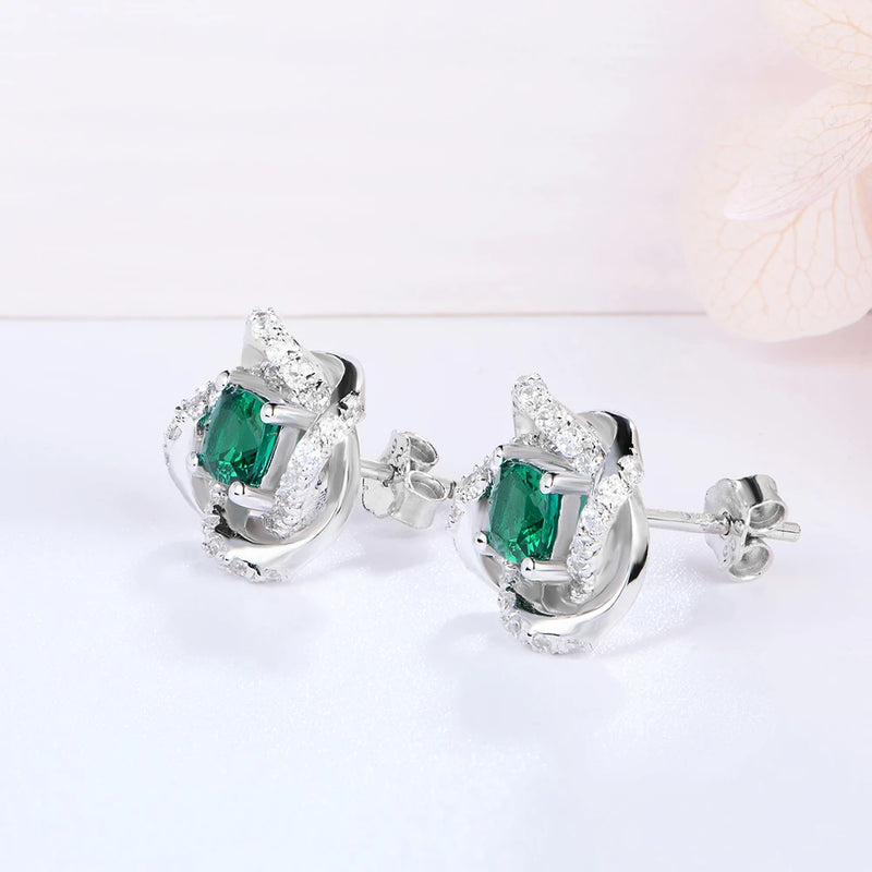 Sterling Silver Emerald Lab Grown Diamonds Ear Studs Cocktail Party Earrings Fine Jewelry