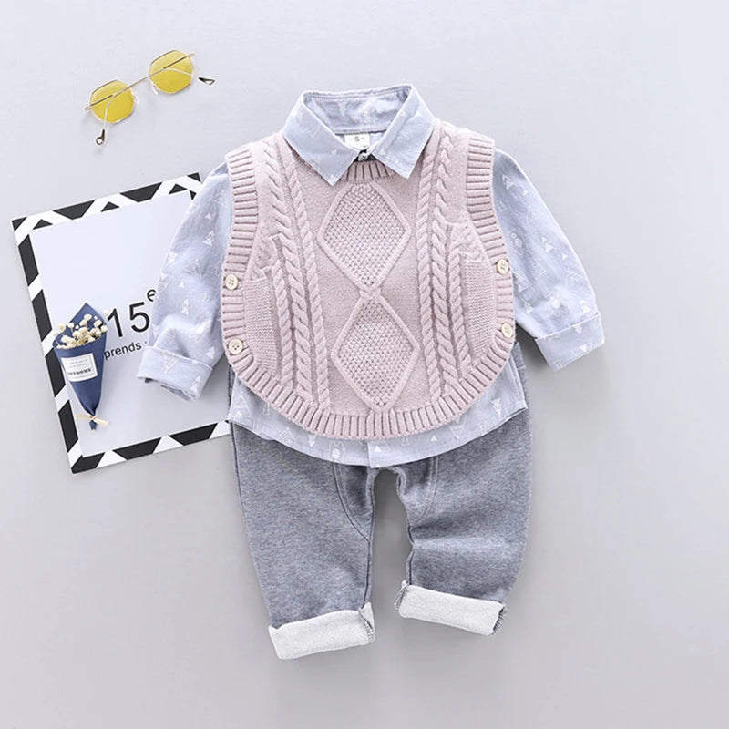 Spring Autumn Kids Gentleman Outfits Sweater Vest Shirt Pants Children Clothing Sets