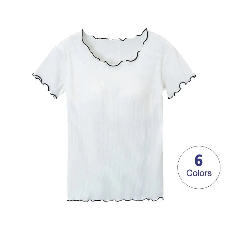 Women T-Shirts Built-in Bra Padded Stretchable Tops Tshirts Short Sleeve Ruffles Sexy Casual