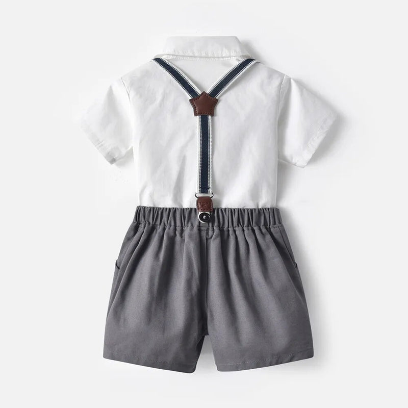 Baby Boy Clothes Suit Infant Toddler Sets Dress Kids Grey Solid Shirt Shorts Short Sleeves Outfit Turn-down Collar Costume