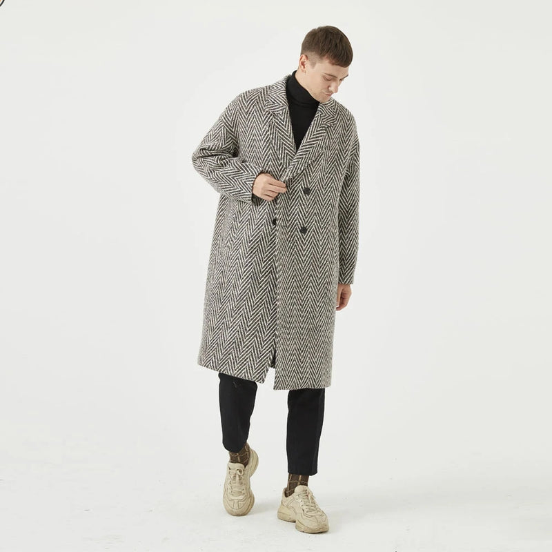 Striped Woolen Overcoat  Men's Loose Double Breasted Warm Trench Coat