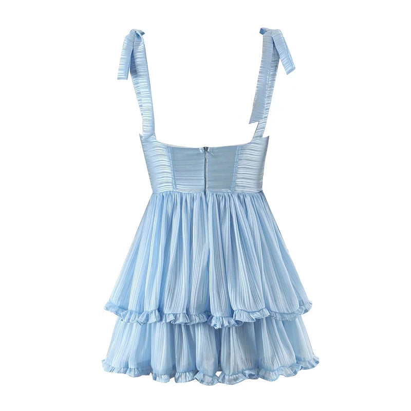 Strappy Party Mini Dress Chiffon Tiered Ruffles Summer Women Dress Bow Tie Ladies Woman Chic Dress