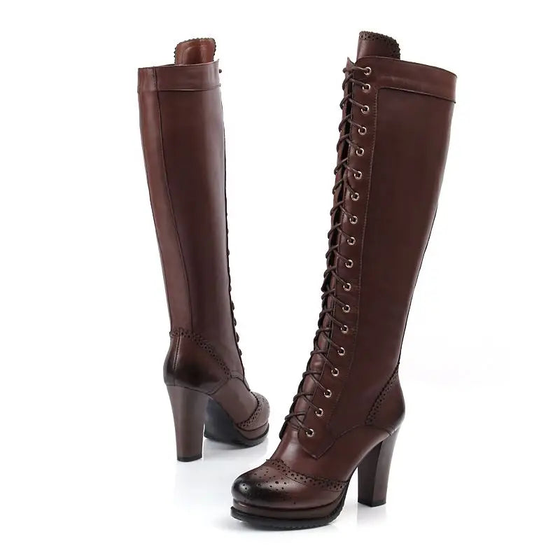 Genuine leather knee high boots women lace up platform high heels winter riding boots female shoes