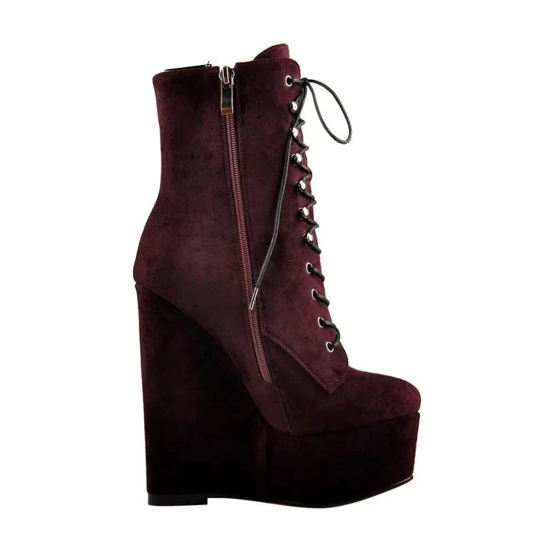 Women Burgundy Round Toe Lace-up Wedge High Heels Ankle Boots Winter