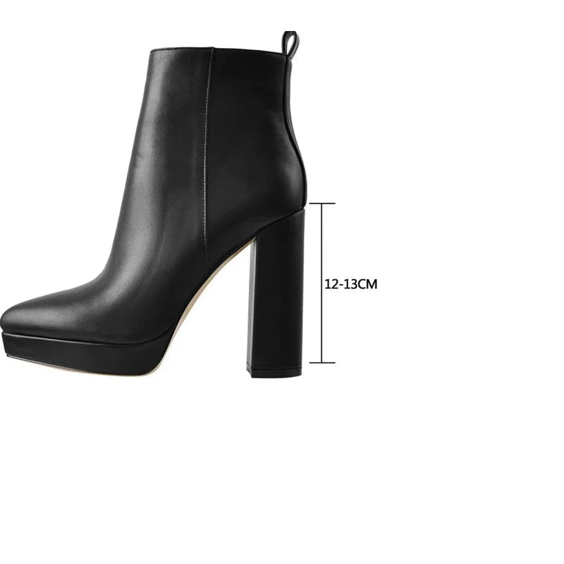 Spring Women Concise Ankle Boots Pointed Toe Side Zipper Low Platform High Heels Mature Casual Booties